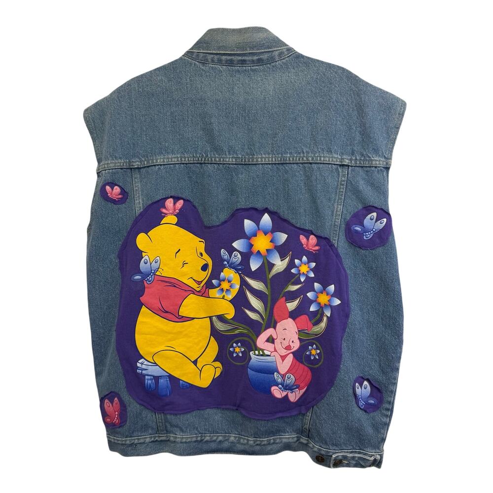 Vintage 90s denim vest upcycled Winnie the Pooh Disney purple 2XL